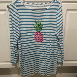 Women’s medium tee three quarter length sleeve, blue and white with pineapple.